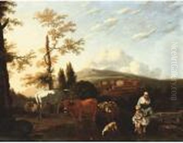 A Peasant Woman And Boy With Cattle In An Italianate Landscape - view 1