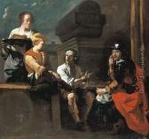 Peasants And A Soldier Eating And Conversing by Karel Dujardin
