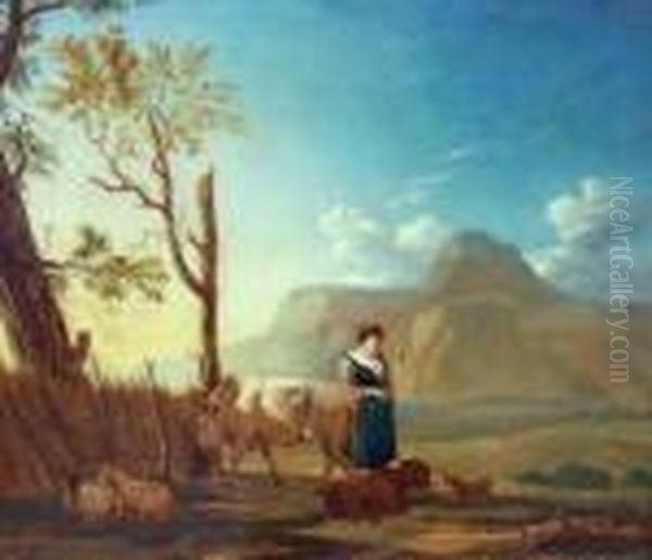 Sudlandische Landschaft Mit Junger Frau Und Tieren - view 1