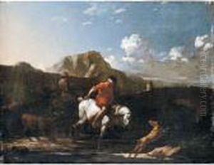 A Southern Landscape With A Boy Fording A Stream On A Grey Pony by Karel Dujardin