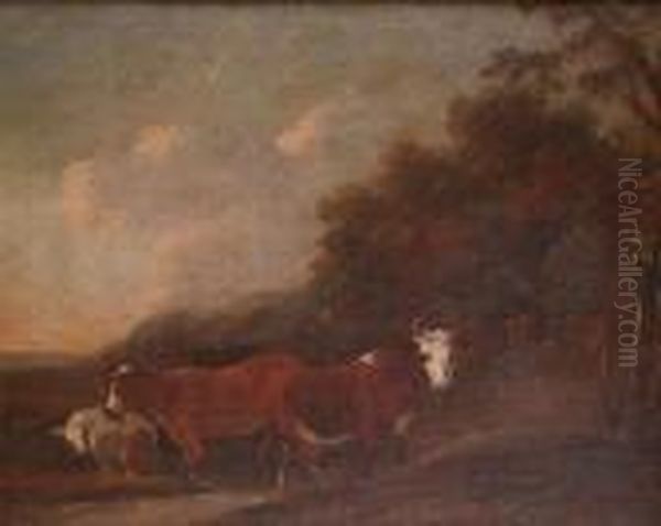 Cows And Sheep Watering At A Stream, A Drover Beyond - view 1