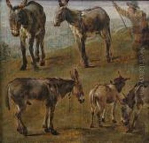 A Landscape With Studies Of Four Donkeys And A Foal, A Herdsman Nearby by Karel Dujardin