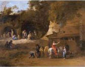 Figures And Horses By An Inn by Karel Dujardin