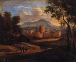 An Italianate Landscape With Travellers On A Track, A Walled Townbeyond