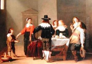A Guardroom Interior with Soldiers Eating and Drinking in Female Company by Christoffel Jacobsz van der Lamen