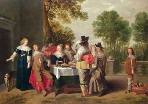 Elegant Company seated at a Table in a Formal Garden