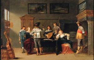 Officers in a brothel, with a lute player and a page nearby by Christoffel Jacobsz van der Lamen