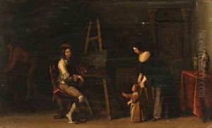 An Artist at an Easel with his Family in his Studio