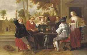 Elegant company at table on a terrace by Christoffel Jacobsz van der Lamen