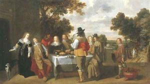 Elegant company eating and drinking on a terrace, a landscape beyond by Christoffel Jacobsz van der Lamen