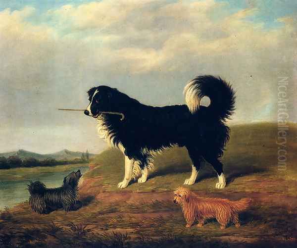 A Spaniel And Two Norfolk Terriers In A Landscape - view 1