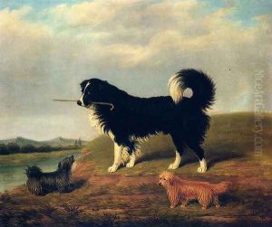 A Spaniel And Two Norfolk Terriers In A Landscape by James Loder
