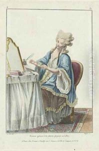 Woman at her Toilet folding a Note 2 by Pierre Thomas Le Clerc