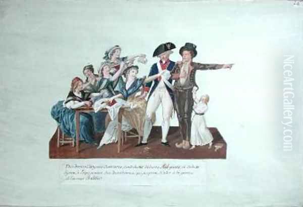 Citizens contributing their assignats to equip a young man for war - view 1