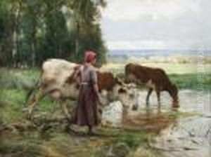 Paysanne Faisant Boire Ses Vaches