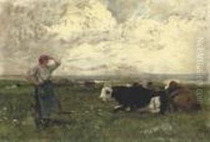 Young Farmgirl With Cattle by Julien Dupre