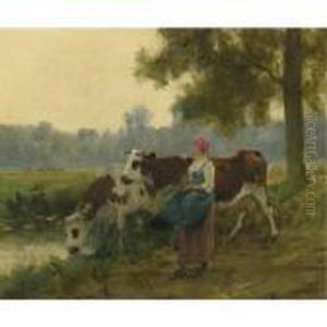 Young Maid With Her Cows At The Water's Edge by Julien Dupre