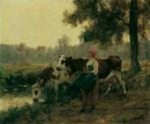 Bewaldete Landschaft Mit Zwei Kuhen An Der Wasserstelle Und Jugendlicher Magd.