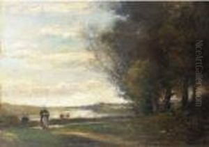 A Woman On A Track In A River Landscape by Julien Dupre