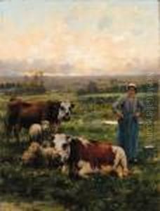 A Shepherdess With Cows And Sheep In A Landscape by Julien Dupre