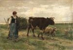 Shepherdess With A Cow And Sheep On A Path by Julien Dupre