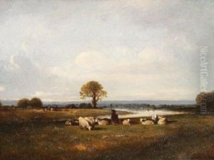 Berger Et Son Troupeau Pres De La Riviere by Leon Victor Dupre