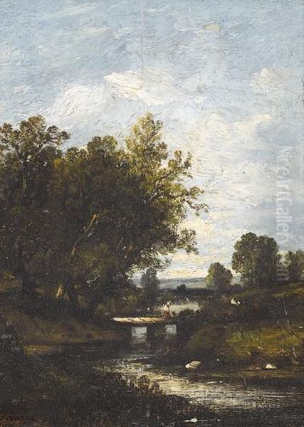 Bachuferpartie Mit Brucke Und Figur - view 1