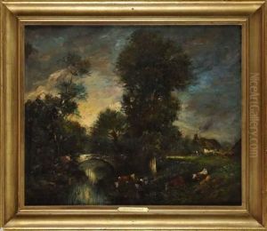 Troupeau Devant La Chaumiere, S'abreuvant Au Ruisseau by Leon Victor Dupre