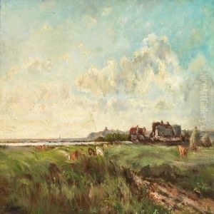 View Of An Open Landscape With Houses And Grazing Cattle