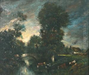 Vaches A La Mare Pres Du Pont by Leon Victor Dupre