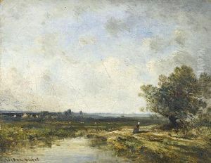 Flussuferpartie Mit Bauerin In Ebener Landschaft. by Leon Victor Dupre