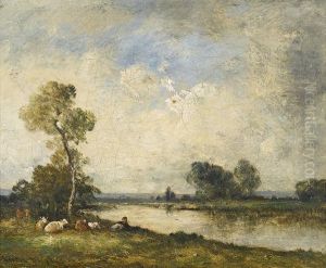 Flussuferpartie Mit Kuhen. by Leon Victor Dupre