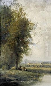 Zwei Flusslandschaften Mit Figurenstaffage. Gegenstucke. by Leon Victor Dupre