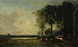 Cattle Grazing At Sunset by Leon Victor Dupre