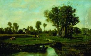 Cows Watering Beside A Cottage by Leon Victor Dupre