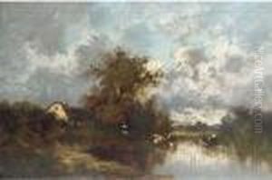 Cattle Watering At A Lakeside Cottage by Leon Victor Dupre