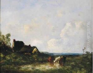 Vaches Pres Des Chaumieres by Leon Victor Dupre