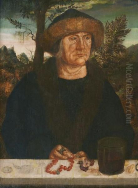Portrait D'homme Coiffe D'une 
Toque Defourrure Il Est Represente Devant Un Paysage Montagneux, Un 
Collierde Perles De Corail En Main Droite, Montrant Une Bague Ornee 
D'unepierre Gravee - view 1