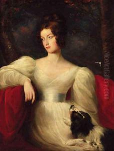 Portrait of a lady, three-quarter-length, in a white dress, seated with a dog by her side, in a landscape