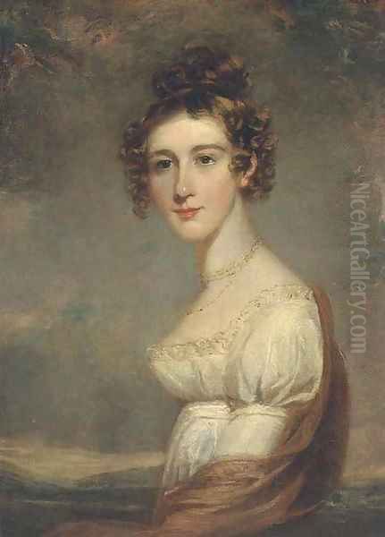 Portrait of a lady, half-length, in a white dress and red wrap, in a landscape - view 1