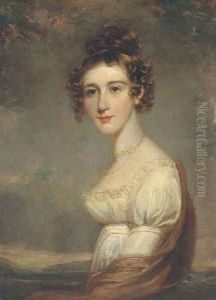 Portrait of a lady, half-length, in a white dress and red wrap, in a landscape by Sir Thomas Lawrence