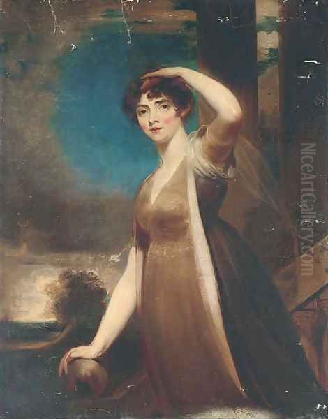 Portrait of a lady, three-quarter-length, in a brown dress, on the steps of a terrace, looking towards the artist - view 1