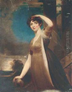 Portrait of a lady, three-quarter-length, in a brown dress, on the steps of a terrace, looking towards the artist by Sir Thomas Lawrence