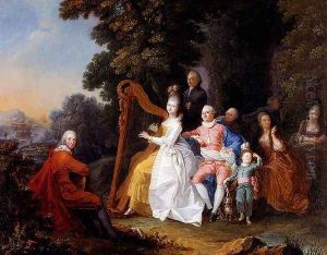 An Elegant Party In The Countryside With A Lady Playing The Harp And A Gentleman Playing The Guitar by Pierre-Michel Lovinfosse