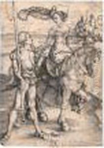 Lady On Horseback And The Lansquenet. by Albrecht Durer