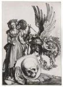 Blason Avec Un Crane Et L'homme Des Bois Amoureux D'une Princesse. by Albrecht Durer