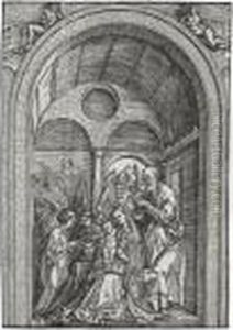 The Holy Family With Two Angels In A Vaulted Hall (bartsch 100; Meder, Hollstein 213) by Albrecht Durer