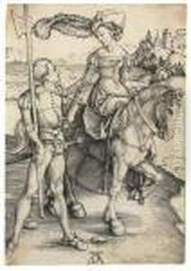 Lady On Horseback And Lansquenet by Albrecht Durer