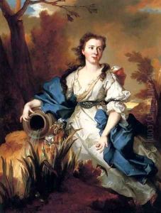 Portrait of Marianne de Mahony full length in a blue and white dress as a water nymph by Nicolas de Largilliere