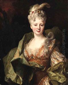 Portrait of Mlle. Jeanne de Gagne Perrigny, half-length, in an embroidered orange and white dress and green wrap by Nicolas de Largilliere